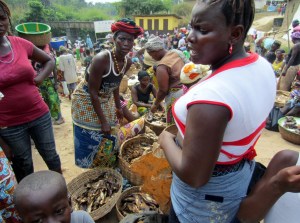 Women selling fish in Rotifunk's market.